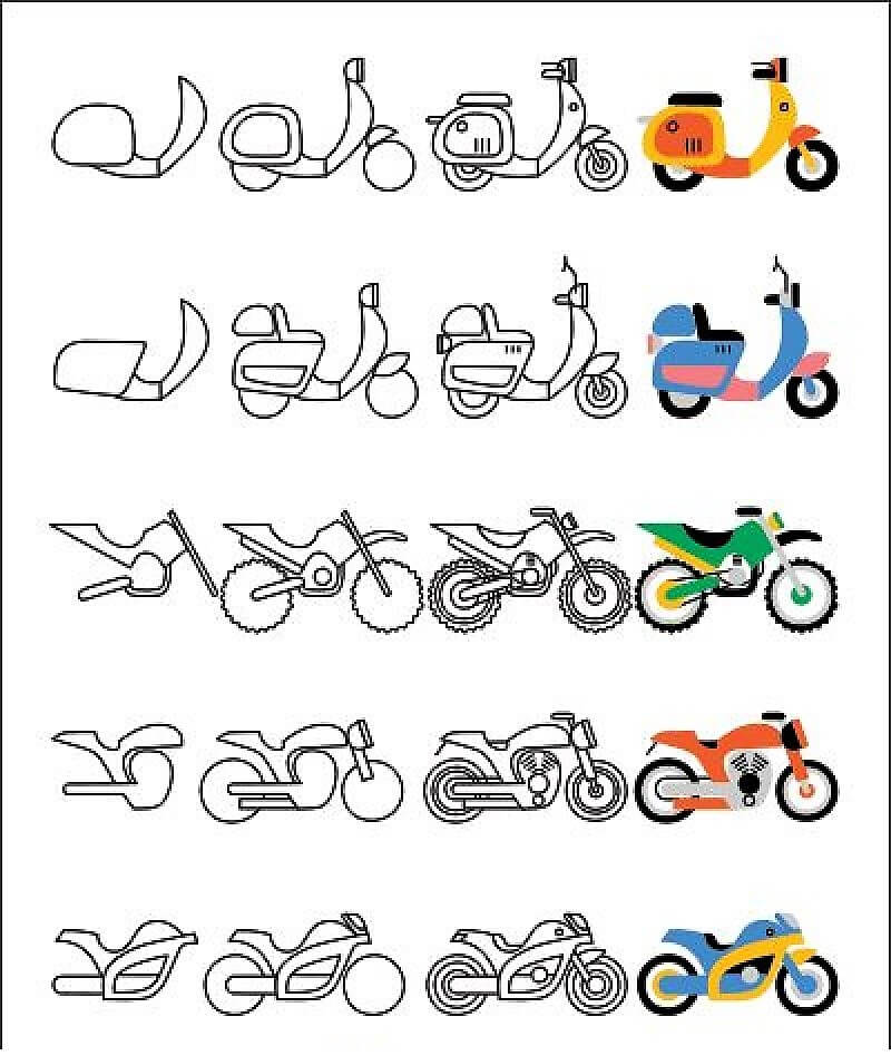 Desenhos de 5 tipos de motocicletas