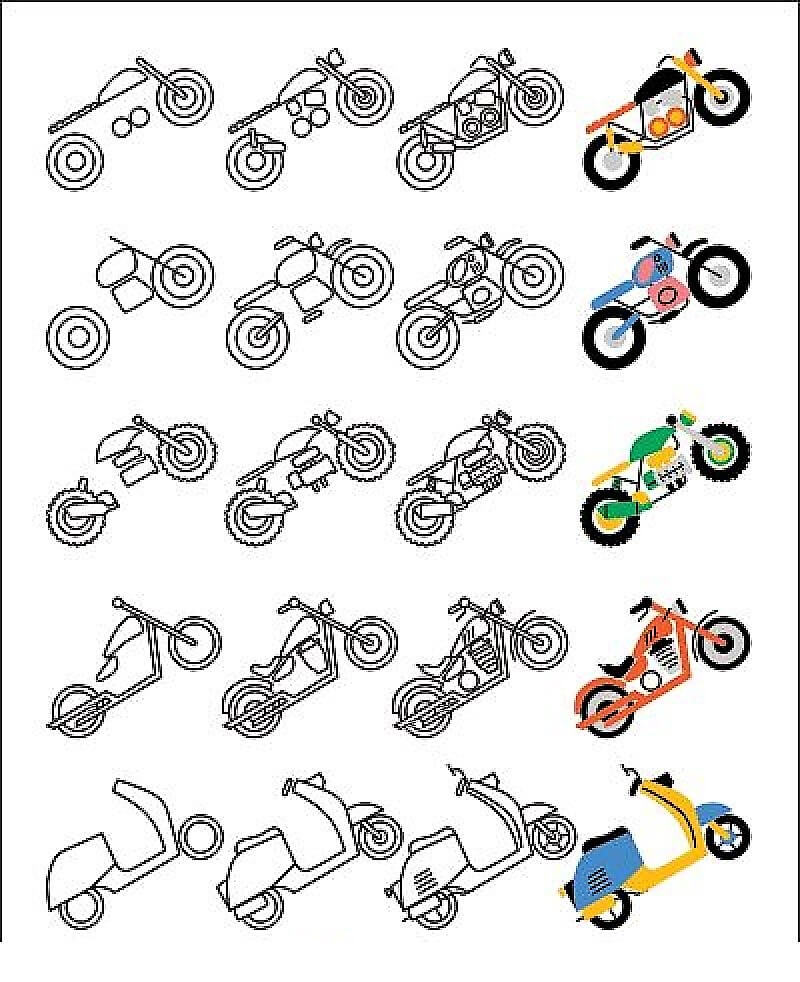 Desenhos de 5 tipos de motos