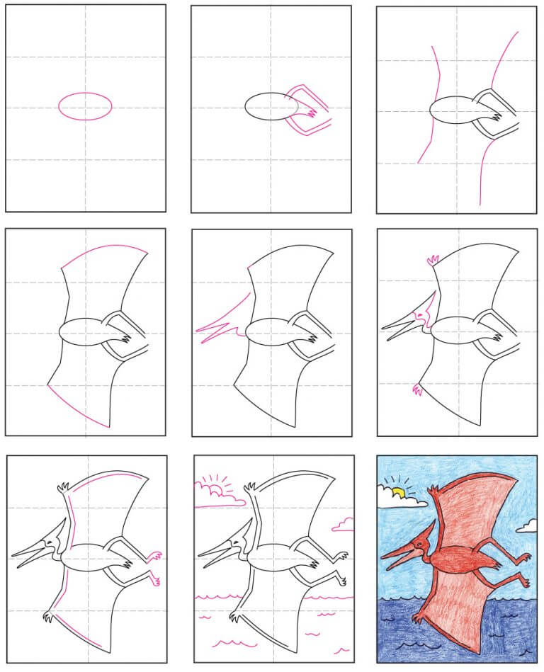 Desenhos de Dinossauro voador e sol