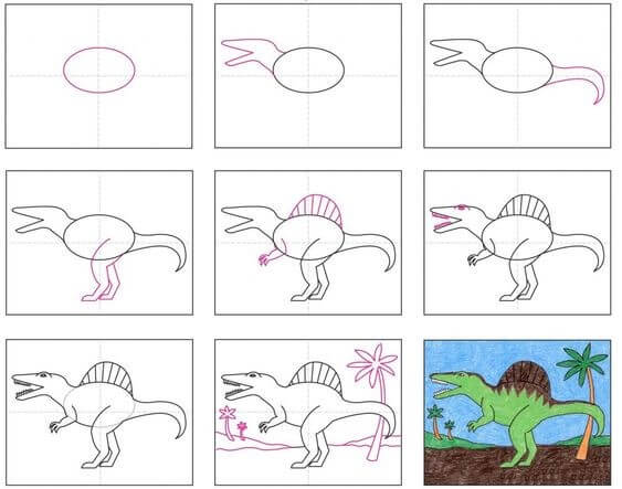 Desenhos de Dinossauros carnívoros e árvores