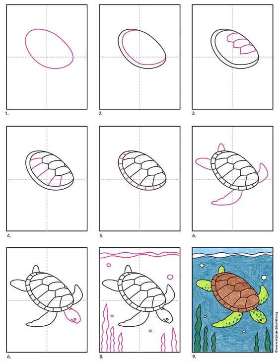 Desenhos de Tartaruga no fundo do oceano