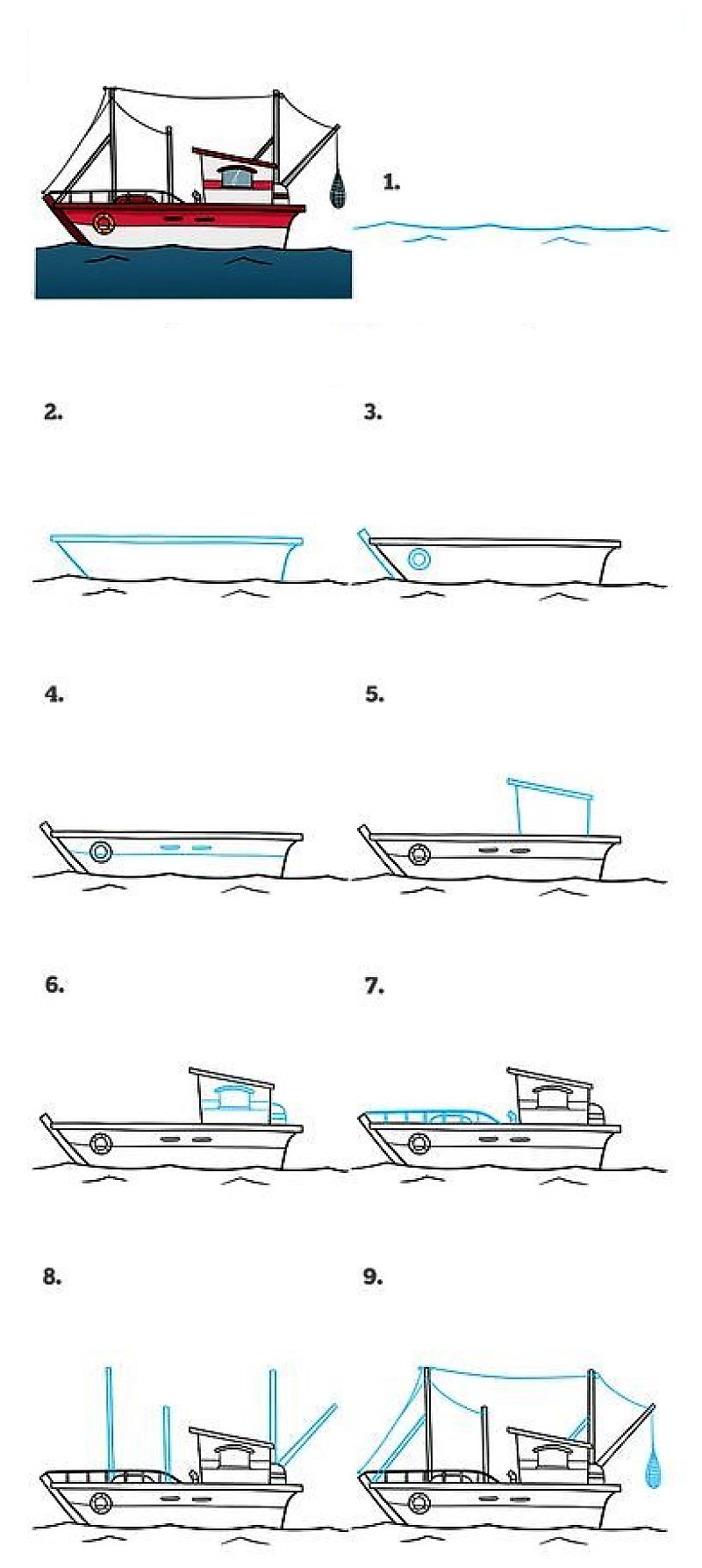 Desenhos de Um barco com instruções detalhadas