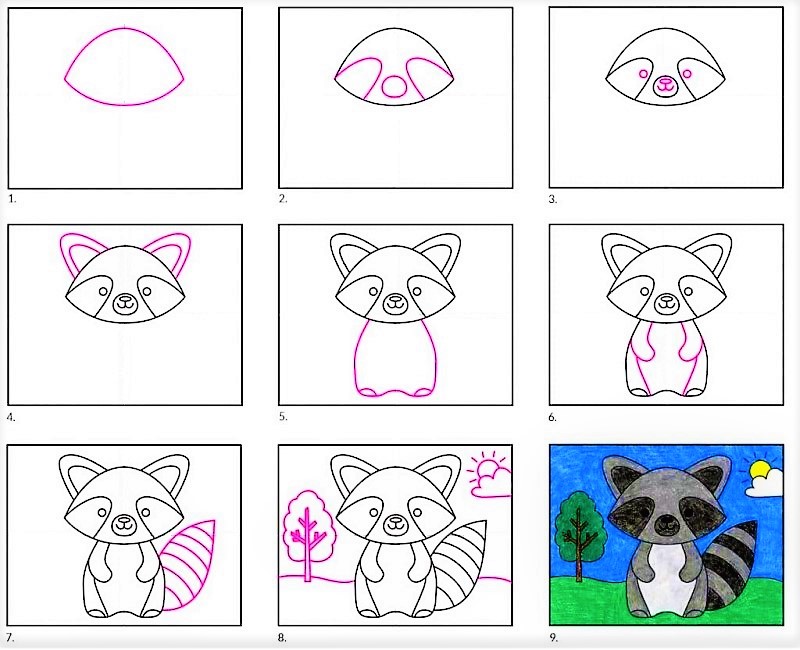 Desenhos de Um guaxinim e uma árvore