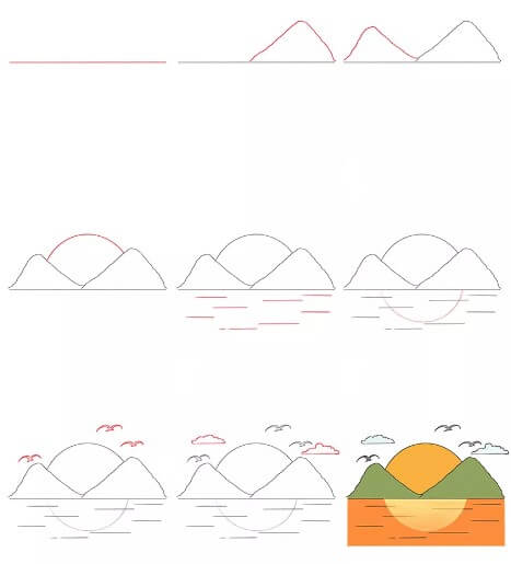 Desenhos de Pôr do sol atrás das montanhas