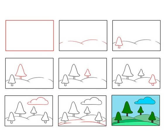 Desenhos de Árvore e nuvem na paisagem