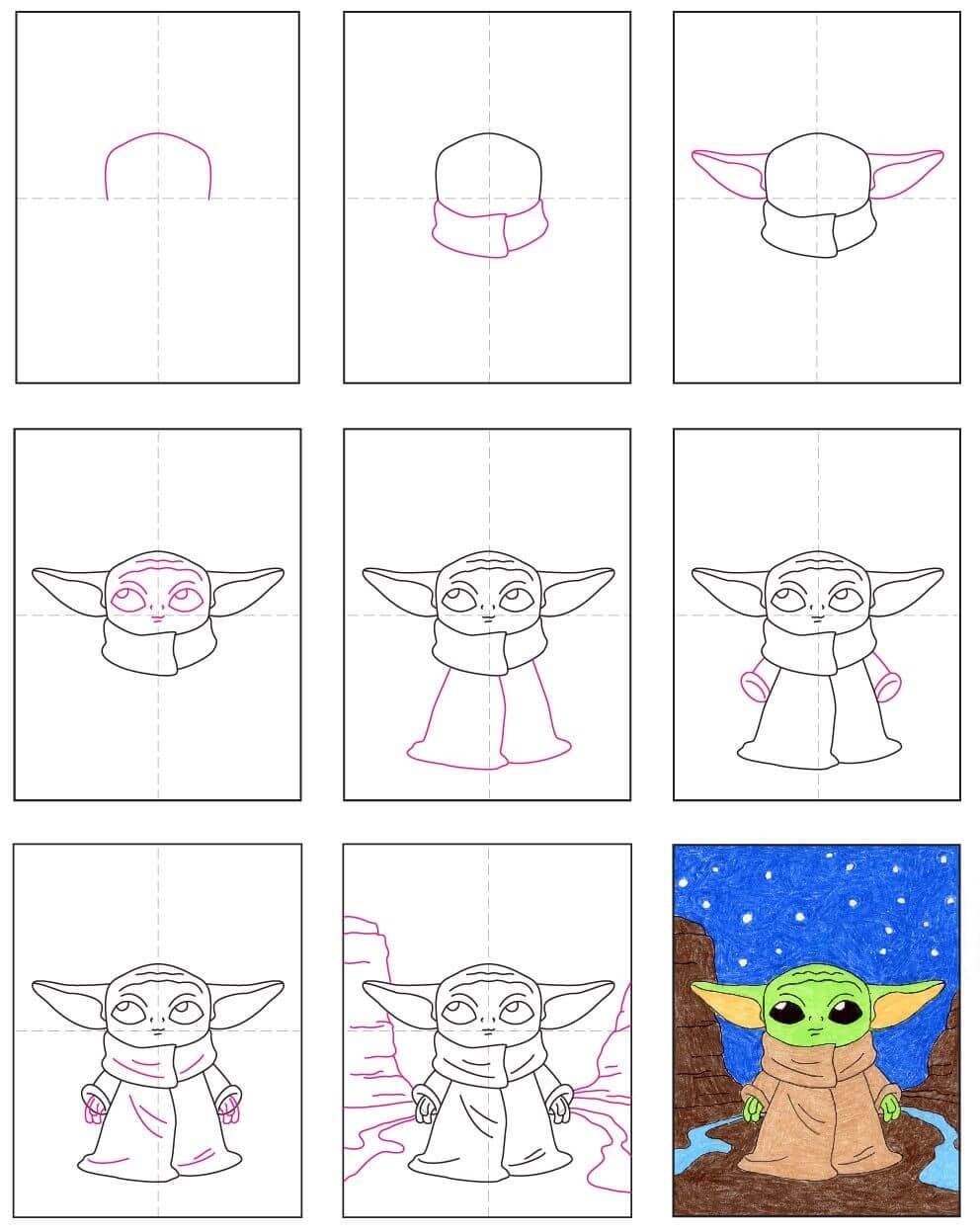 Desenhos de Baby Yoda à noite