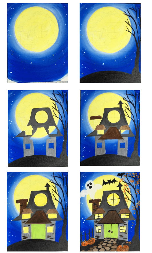 Desenhos de Casa assombrada e lua gigante