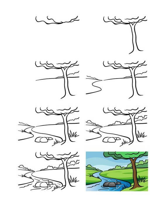 Desenhos de Paisagem de riacho e árvore