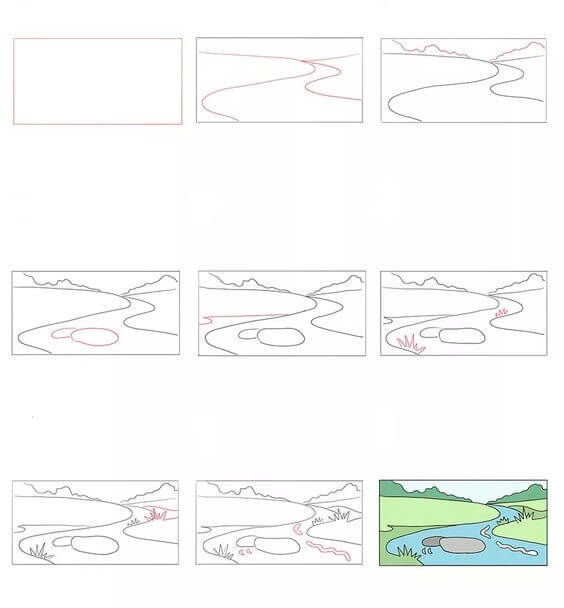 Desenhos de Paisagem de riacho fácil