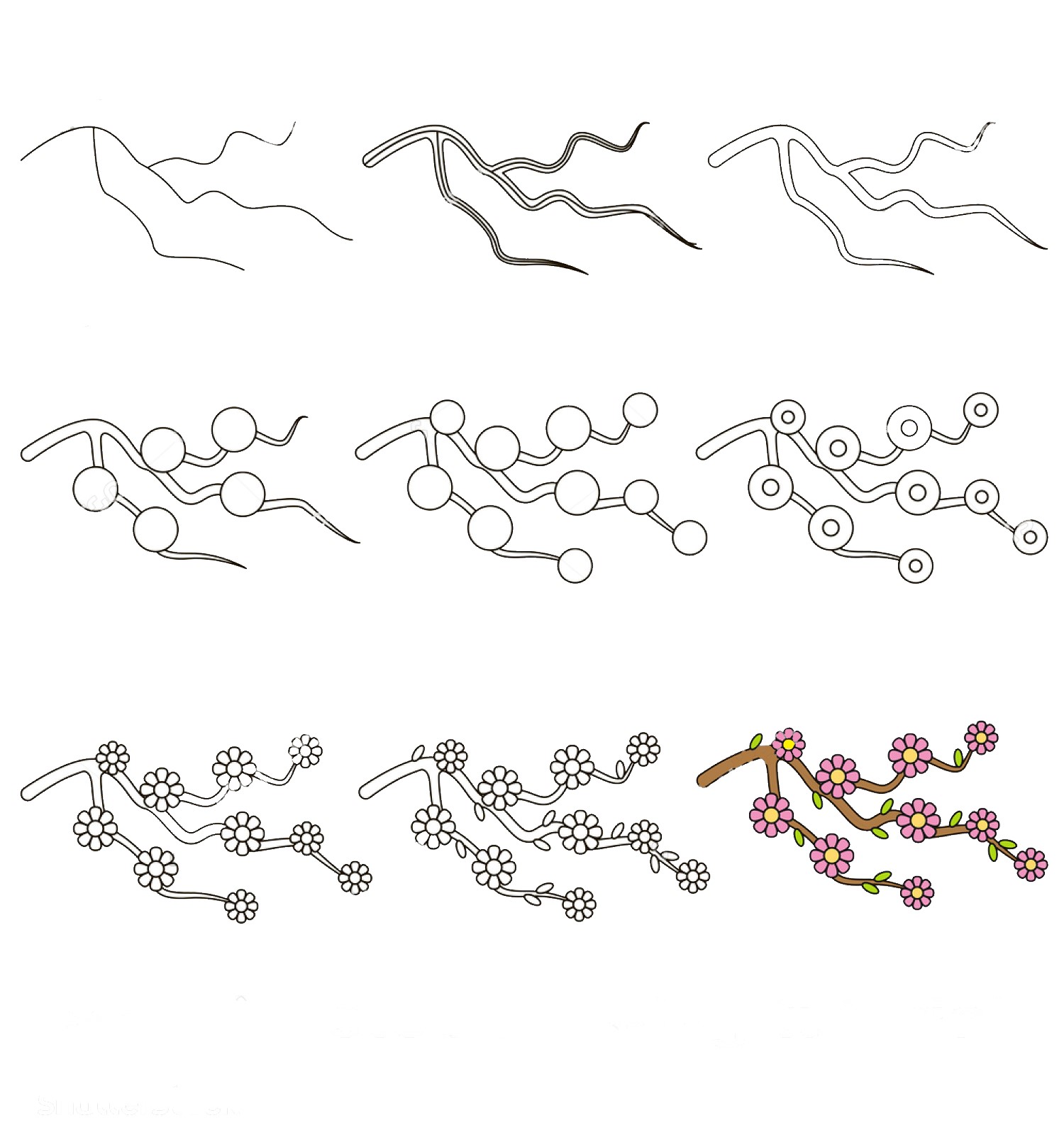 Desenhos de Passo a passo das flores de cerejeira