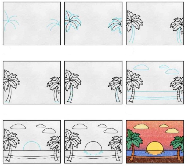 Desenhos de Pôr do sol na praia