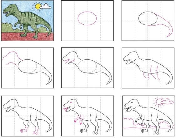 Desenhos de T-Rex e sol