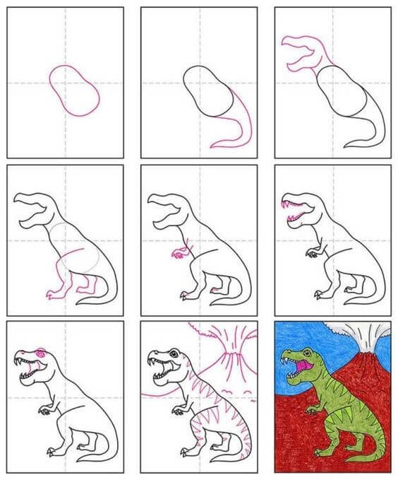 Desenhos de T-Rex e vulcão