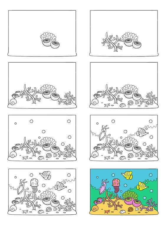 Desenhos de Vida dos Corais oceano
