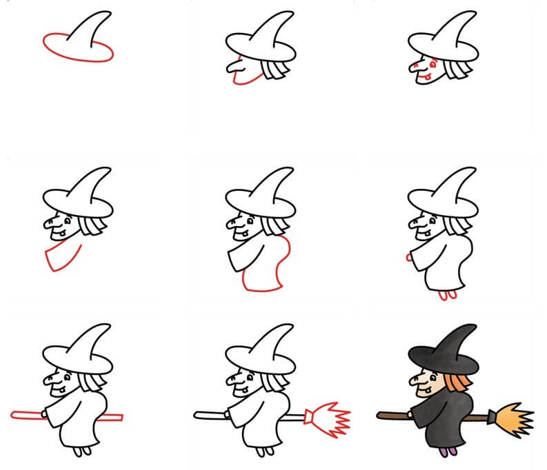 Desenhos de Bruxa em uma vassoura