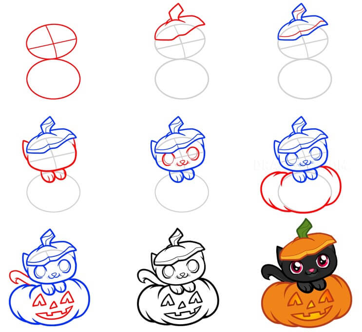 Desenhos de Gato e abóbora de Halloween