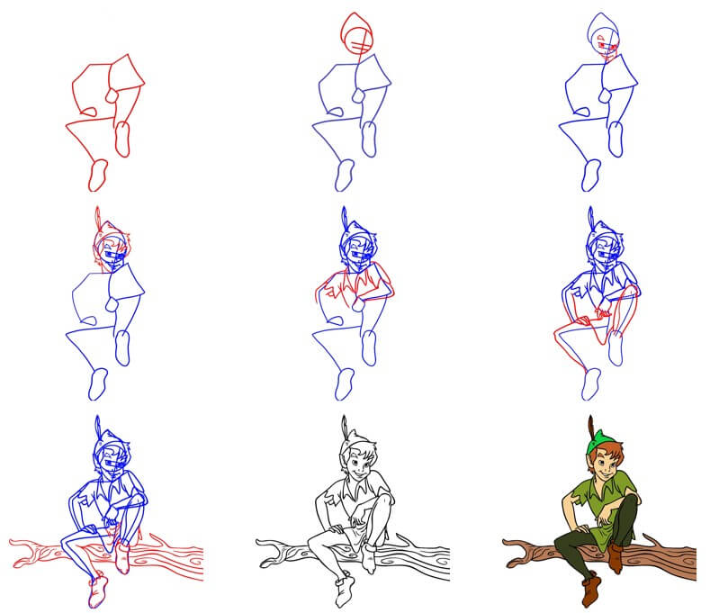 Desenhos de Peter Pan em um galho