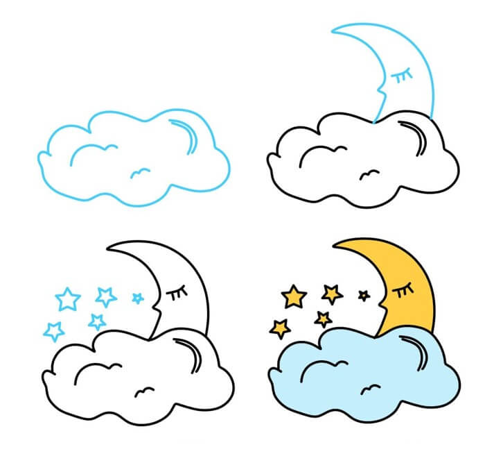 Desenhos de Lua crescente com nuvem
