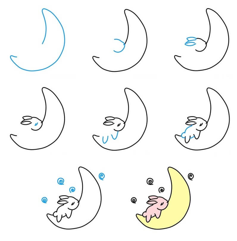 Desenhos de Lua crescente e coelho