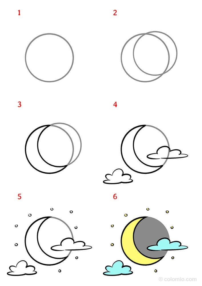 Desenhos de Lua crescente e nuvem