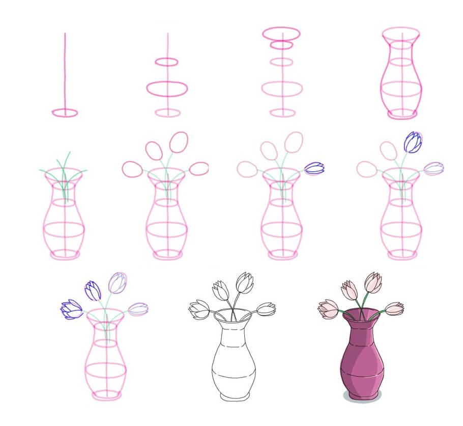 Desenhos de Vaso de flores rosa